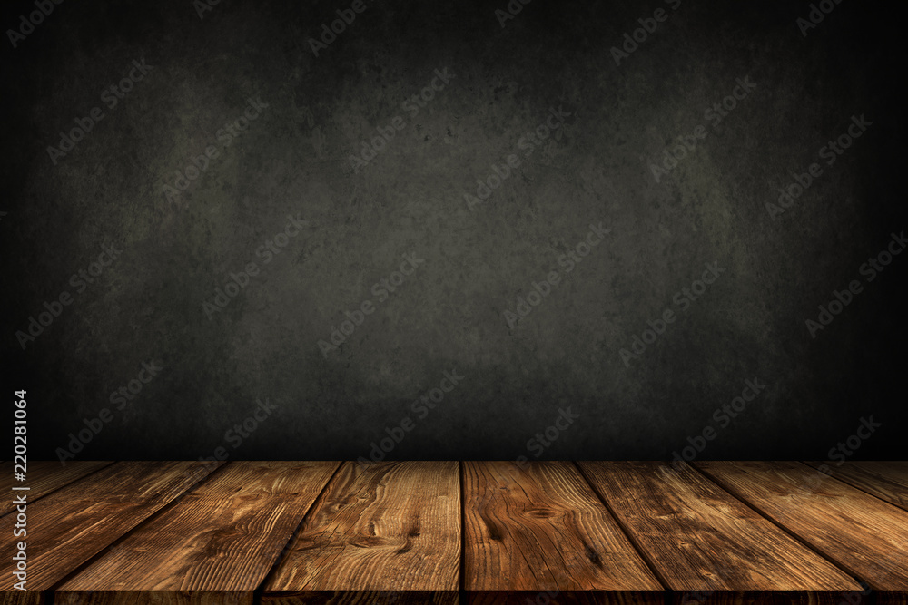wooden table with grey wall background - obrazy, fototapety, plakaty 