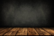 Wooden Table With Grey Wall Background