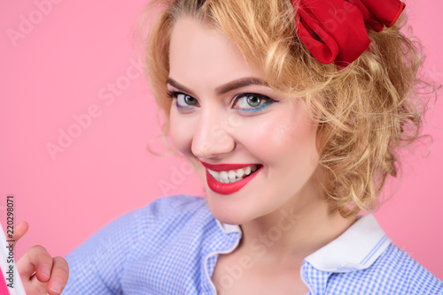 Retro Woman Pin Up Girl Beautiful Model Girl With Short Curly