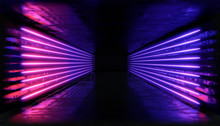 3d Render. Geometric Figure In Neon Light Against A Dark Tunnel. Laser Glow.