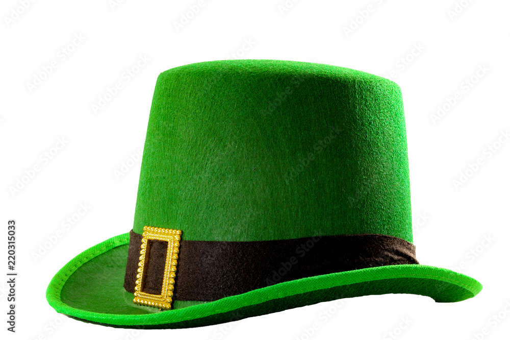 St Patricks day meme and March 17 concept with a green parade hat with a belt and buckle isolated on white background with a clip path cut out - obrazy, fototapety, plakaty 