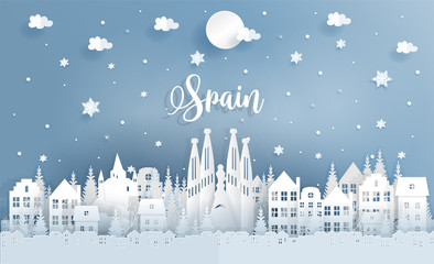 Fototapete - Christmas in Spain with city and falling snow. Paper cut style vector illustration.