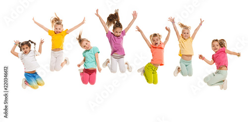 Fotografia The kids dance school, ballet, hiphop, street, funky and modern dancers on white studio background