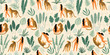 Vector seamless pattern with women, leopards and tropical leaves.