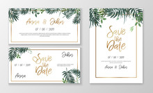 Vector Romantic Wedding Invitation Template With Watercolor Style Plants And Gold Typography