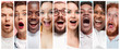 The collage of young women and men smiling and surprised face expressions