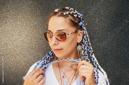 Portrait Of Young Happy Beautiful Girl In Sunglasses With Braided