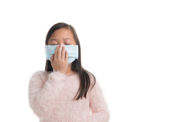 Canvas Print - Asian kid girl age 7 years with protection mask against flu virus