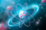 Fototapeta  - Red blue atom model over blurred blue and red