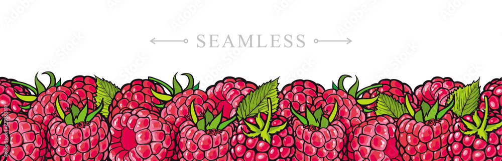 Raspberry border seamless pattern with fresh ripe berries and green ...