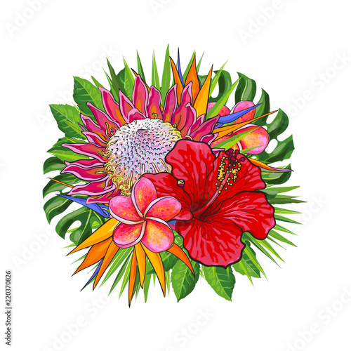 Tropical flowers and green leaves in decorative floral composition in form of...