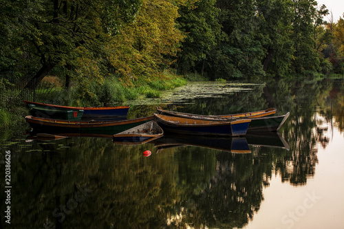 Fotografía Group of Old Small Boat Sink in The Lake ok Wilanow Park - Half-submerged old bo