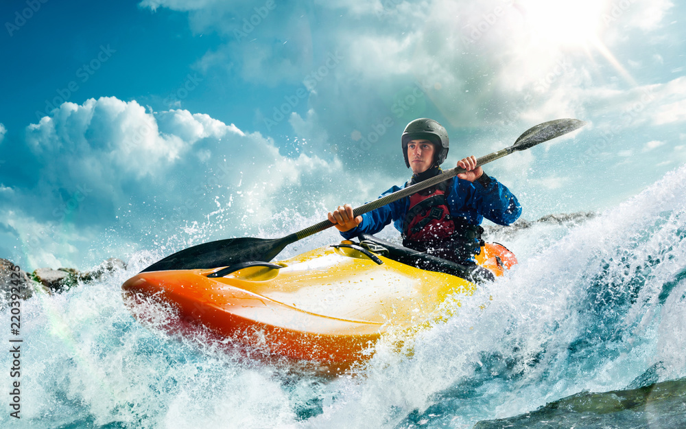 Whitewater kayaking, extreme kayaking - obrazy, fototapety, plakaty 