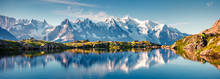 Colorful Summer Panorama Of The Lac Blanc Lake With Mont Blanc (Monte Bianco) On Background
