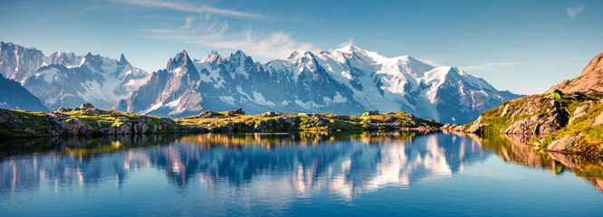 colorful summer panorama of the lac blanc lake with mont blanc (monte bianco) on background