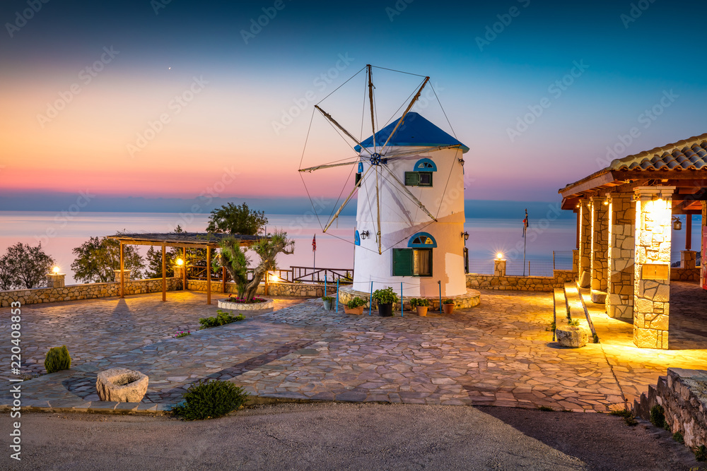 Obraz na płótnie Fabulous morning scene on the Potamitis Windmill. Colorful spring sunrise on the Zakynthos island, Ionian Sea, Greece, Europe. Beauty of countryside concept background. w salonie