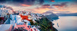 Great morning panorama of Santorini island. Picturesque spring sunrise on the famous Greek resort Oia, Greece, Europe. Traveling concept background. Artistic style post processed photo.