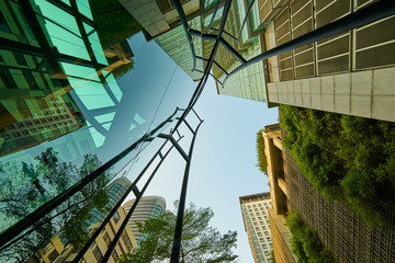 Low angle shot of modern glass buildings and green with clear sky background.