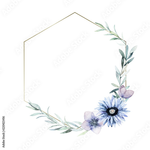 Watercolor geometric frame for card, wedding, greeting, invitation. Hand draw...