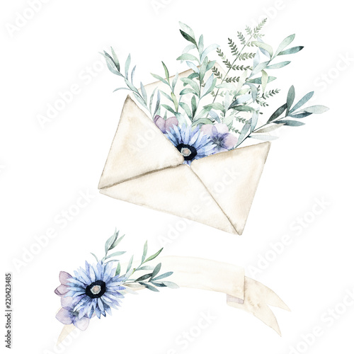 Watercolor envelope and ribbon with greenery, eucalyptus branch, fern and flo...
