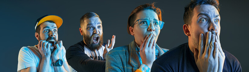 Collage about emotions of television fans. Screaming, hate, rage. Crying emotional angry men screaming in colorful bright lights at studio. Faces closeup. Human, facial expression concept.