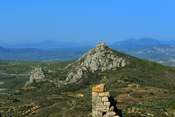  A view from the Acrocorinth Fortress to the Corinth and mountains.