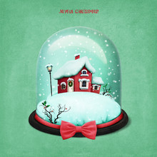 Holiday Greeting Illustration Or Postcard Or Poster With Snow Globe  Christmas House For Christmas Or New Year. 