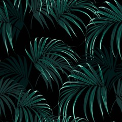 Beautiful seamless floral summer pattern background with tropical palm leaves. Perfect for wallpapers, web page backgrounds, surface textures, textile. Black background.