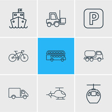 Vector Illustration Of 9 Carrying Icons Line Style. Editable Set Of Tank Truck, Cruise Ship, Forklift And Other Icon Elements.