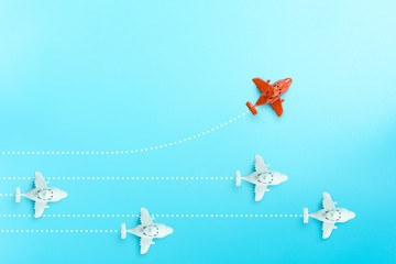 Wall Mural - Business concept for new ideas creativity and innovative solution with model plane on blue background.