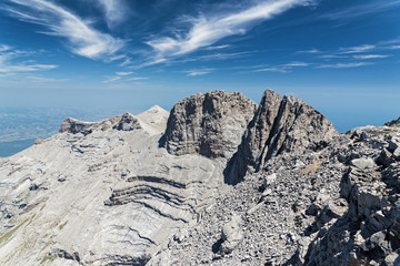 View of Mytikas and Stefani, two of the highest peaks of Mount Olympus in Greece, home of the ancient Greek gods