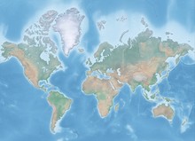 Map Of The World In Mercator Projection (no Antarctica) - Shaded Relief, The Map Colors Gradually Blend Into One Another Across Regions And From Lowlands To Highlands - 3D Rendering