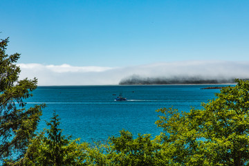 Wall Mural - Fishing boat heading out to sea toward a wall of fog