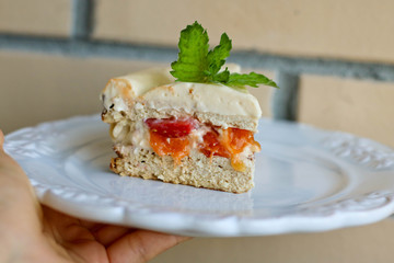 Wall Mural - Homemade cake with fresh strawberries and peach