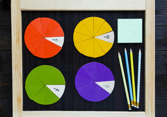 colorful math fractions on a blackboard. interesting math for kids. education, back to school concept