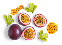 Passion Fruit With Leaf On White Background. Top View