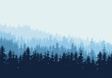 Vector Realistic Illustration Of Coniferous Forest With Blue Trees And Spruces In Multiple Layers, Under Winter Sky And Mist. With Space For Text