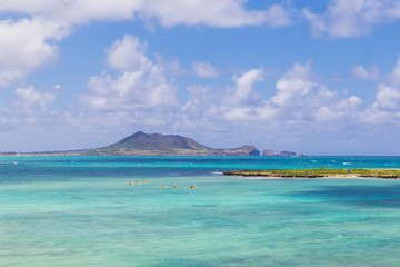 Wall Mural - Yellow kayaks in turquoise waters nears Kailua beach on Oahu, Hawaii