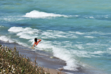 Poster - Relax on Vama Veche  beach,a non-mainstream tourist destination on the Black Sea coast, near the border with Bulgaria,popular destination for tourists from entire world. Blur image.