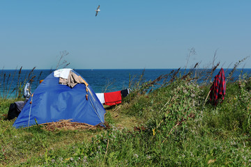 Sticker - Camping on Vama Veche beach,a non-mainstream tourist destination on the Black Sea coast, near the border with Bulgaria,popular destination for tourists from entire world.