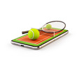 © Vadim Georgiev - Unusual 3d illustration of a tennis ball and racket on court on a smartphone screen. Watching tennis and betting online concept