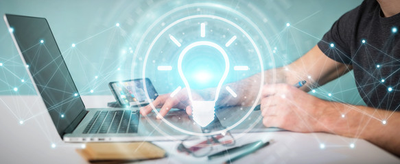 graphic designer using lightbulb idea interface 3d rendering