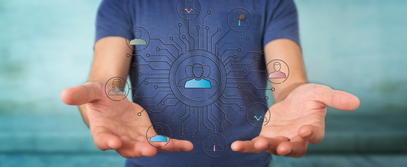 Businessman using thin line social network icons interface