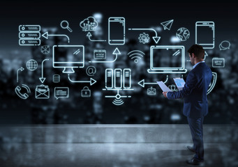 Poster - Businessman watching tech devices and icons thin line interface