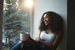 © Anatoliy Karlyuk - People, leisure, rest, relaxation and lifestyle concept. Picture of fashionable girl with wavy hair smiling happily, having nice time at home, sitting on windowsill and drinking herbal tea