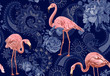 Flamingo on a colorful background. Seamless pattern with flamingos and tropical plants. Colorful pattern for textile, cover, wrapping paper, web