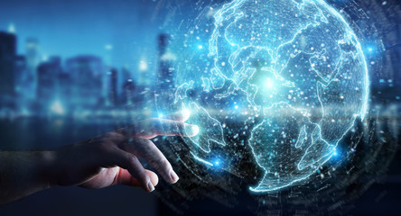 Wall Mural - businessman using globe network hologram with america usa map 3d rendering