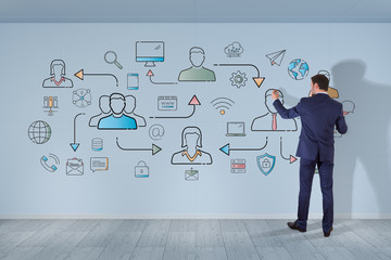 Poster - Businessman drawing thin line social network icons interface