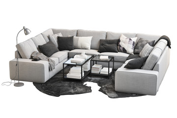 Modern furniture set with sofa, rug, floor lamp and coffee tables. 3d render