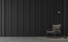 Modern Loft Living Room With Black Steel Slats 3d Render.There Are Concrete Floors , Decorate Wall With Pattern Of  Black Steel Slats.Furnished With Dark Gray Fabric Chair.